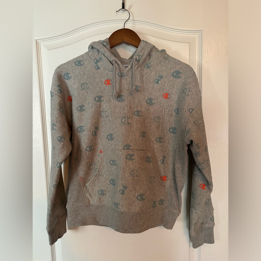 Champion Women’s Gray Hoodie All Over Logo Print